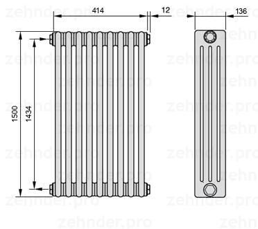 Схема (чертеж) Радиатор Zehnder Charleston 4150/9 №1270 Белый глянцевый RAL 9016